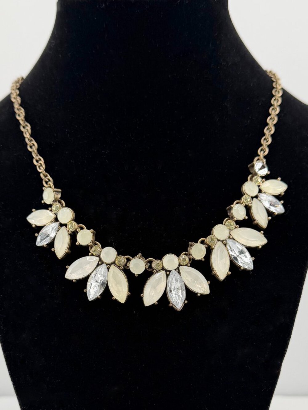 Banana Republic Antique Brass Milky White Rhinestone Cluster Statement Necklace